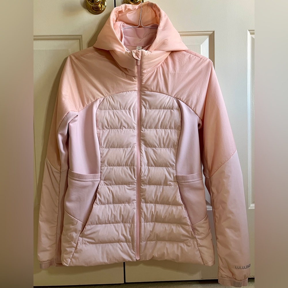 🍒LULULEMON sz 12 DOWN FOR IT ALL JACKET 700-Fill PINK MIST ~ REMOVABLE HOOD!